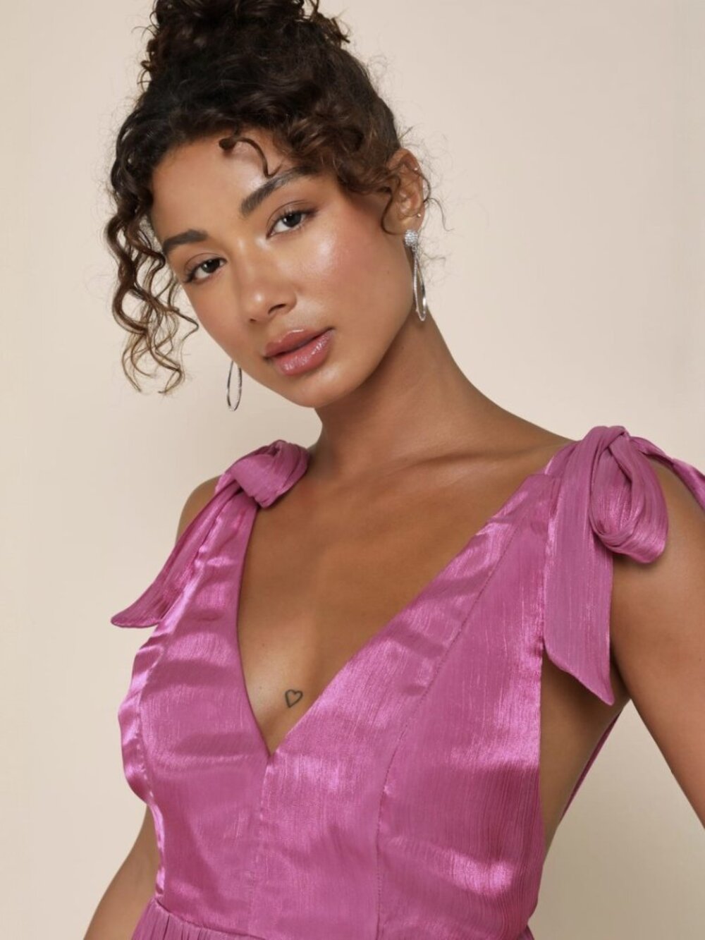 Lulus Exemplary Shine Magenta Organza Tie-Strap Tiered Midi Dress​ NWT - Picture 4 of 7